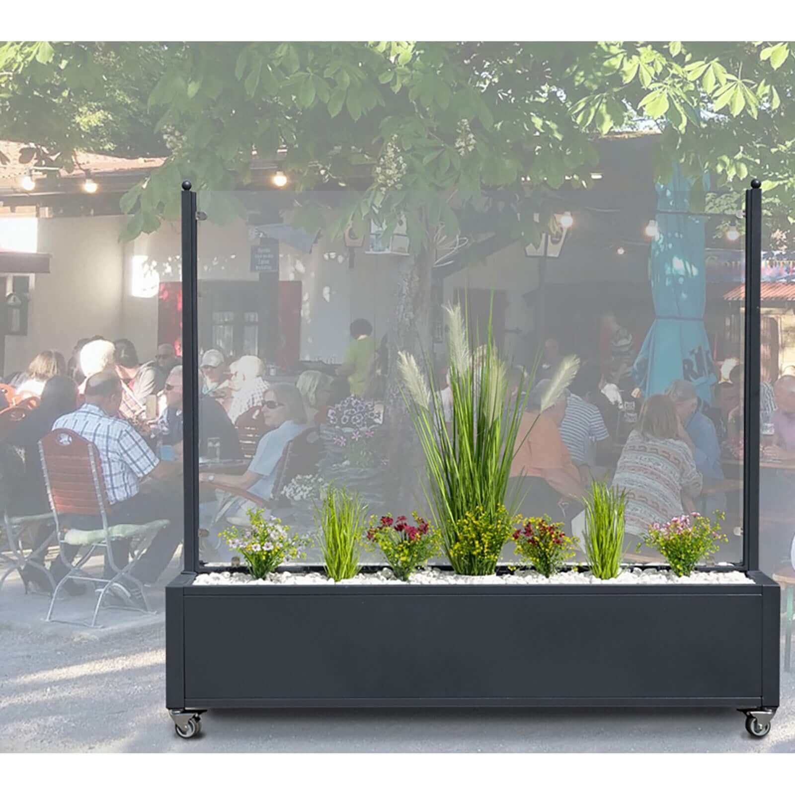 Mobiler Windschutz mit Pflanzkasten - wetterfest & rollbar - Sicherheitsglas in 150 cm & 200 cm