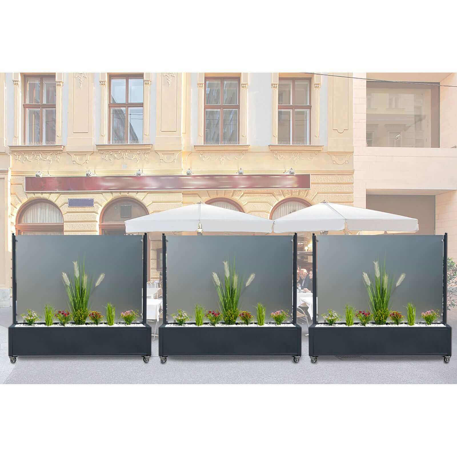 Mobiler Windschutz mit Pflanzkasten - wetterfest & rollbar - Sicherheitsglas in 150 cm & 200 cm