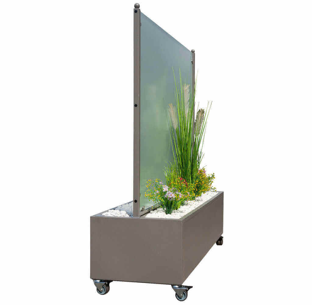 Mobiler Windschutz mit Pflanzkasten - wetterfest & rollbar - Sicherheitsglas in 150 cm & 200 cm