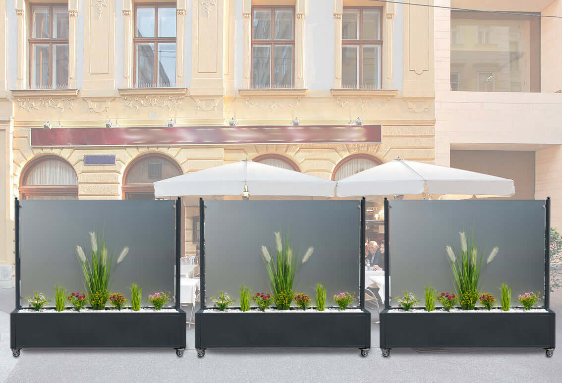 Mobiler Windschutz mit Pflanzkasten - 150 cm - satiniert / blickdicht