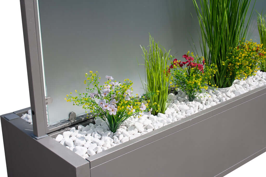 Mobiler Windschutz mit Pflanzkasten - 150 cm - satiniert / blickdicht