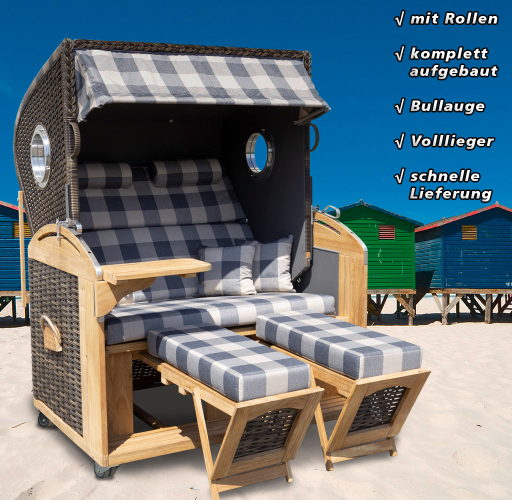 XL Teak Strandkorb 2-Sitzer Vollieger grau-beige kariert