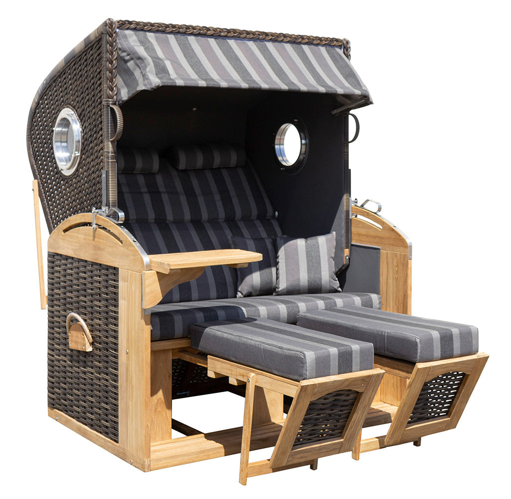 XL Teak Strandkorb 2-Sitzer Vollieger grau-beige kariert