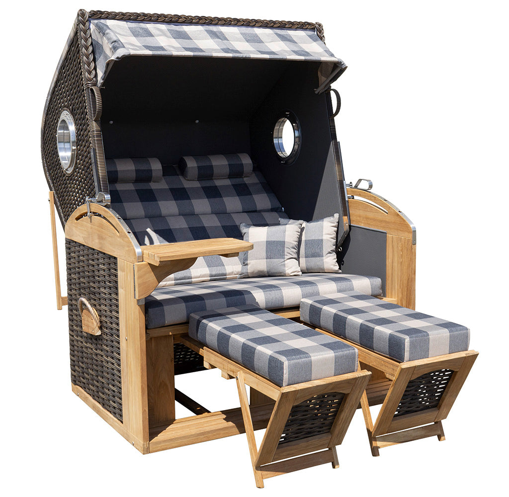 XL Teak Strandkorb 2-Sitzer Vollieger grau-beige kariert