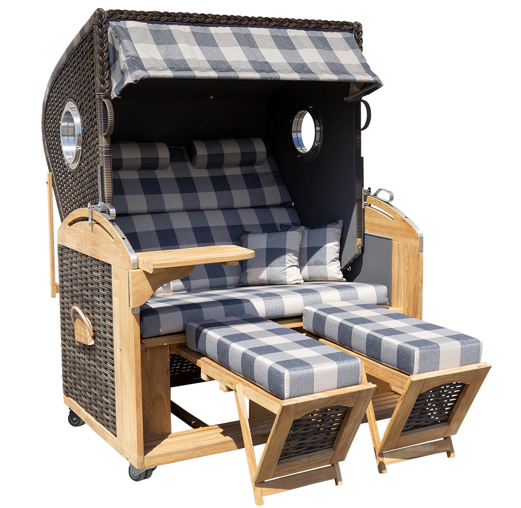 XL Teak Strandkorb 2-Sitzer Vollieger grau-beige kariert