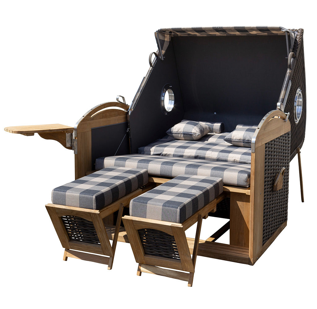 XL Teak Strandkorb 2-Sitzer Vollieger grau-beige kariert