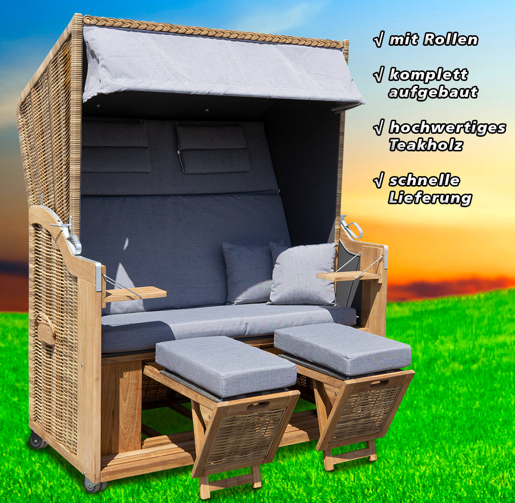 XL Teak Strandkorb 2-Sitzer grau – B-Ware mit leichten Polsterflecken (voll funktionsfähig)