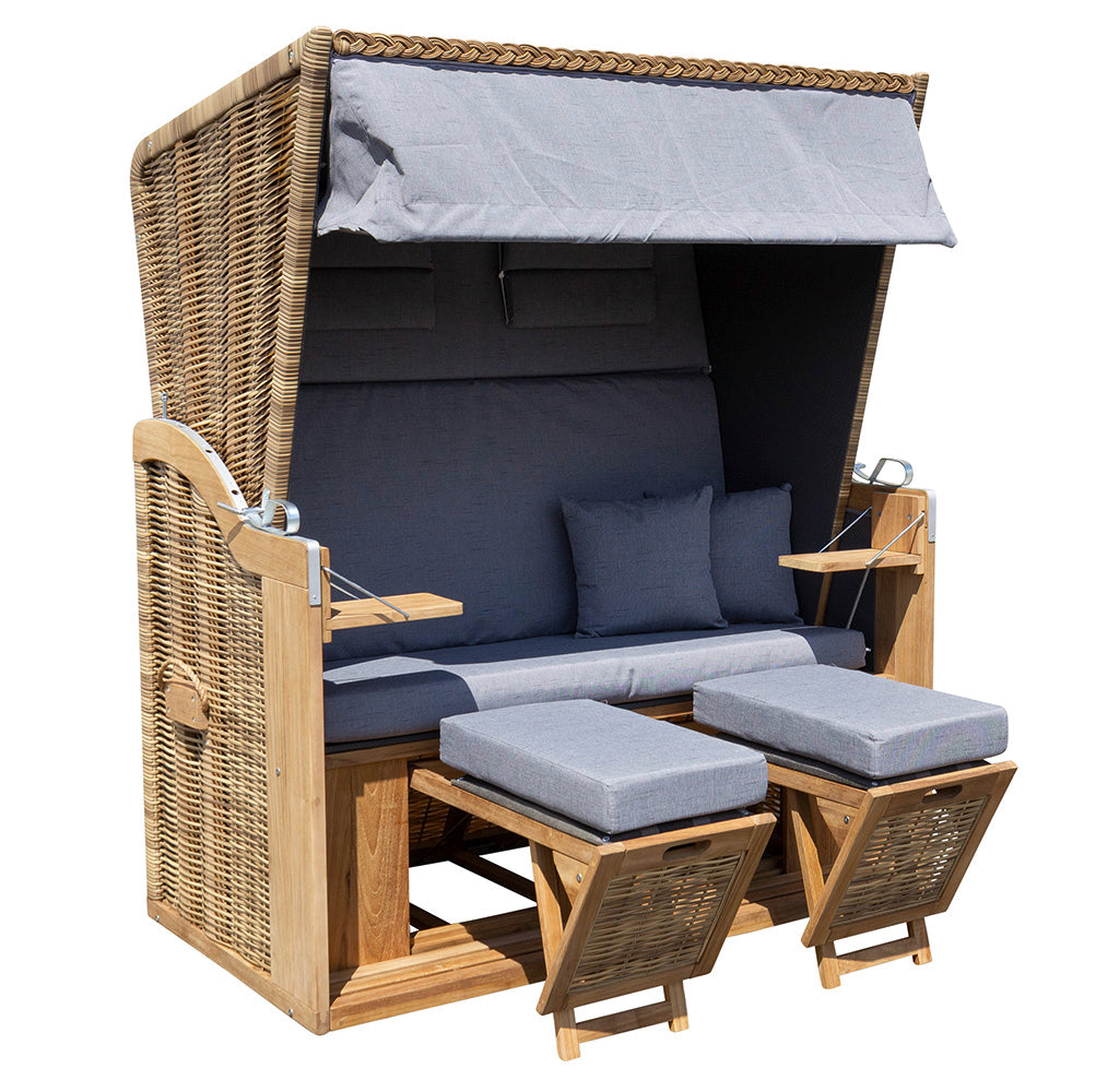 XL Teak Strandkorb 2-Sitzer grau – B-Ware mit leichten Polsterflecken (voll funktionsfähig)