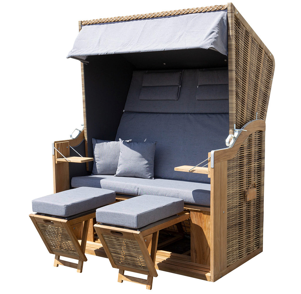 XL Teak Strandkorb 2-Sitzer grau – B-Ware mit leichten Polsterflecken (voll funktionsfähig)