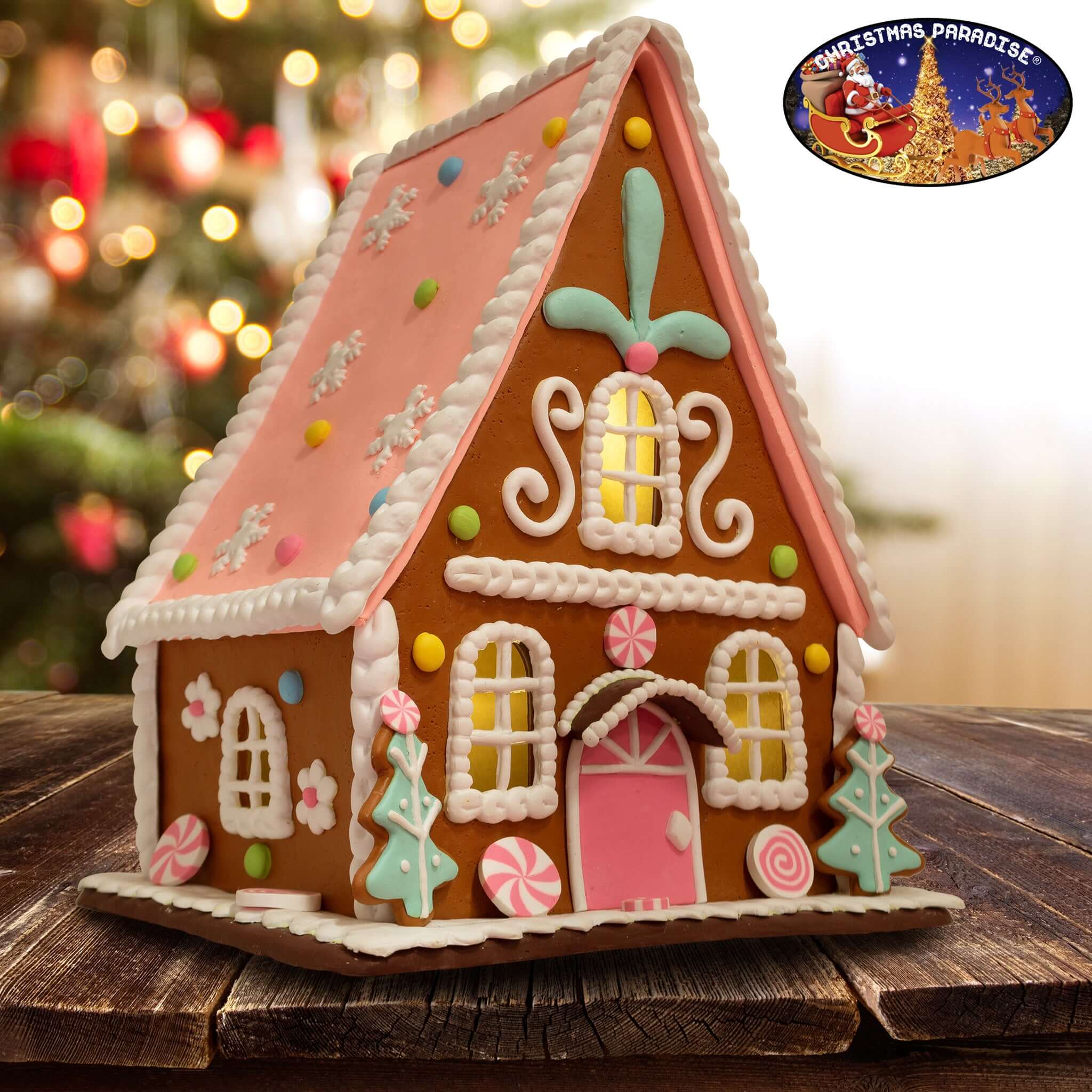 LED Lebkuchenhaus 23cm braun-rosa