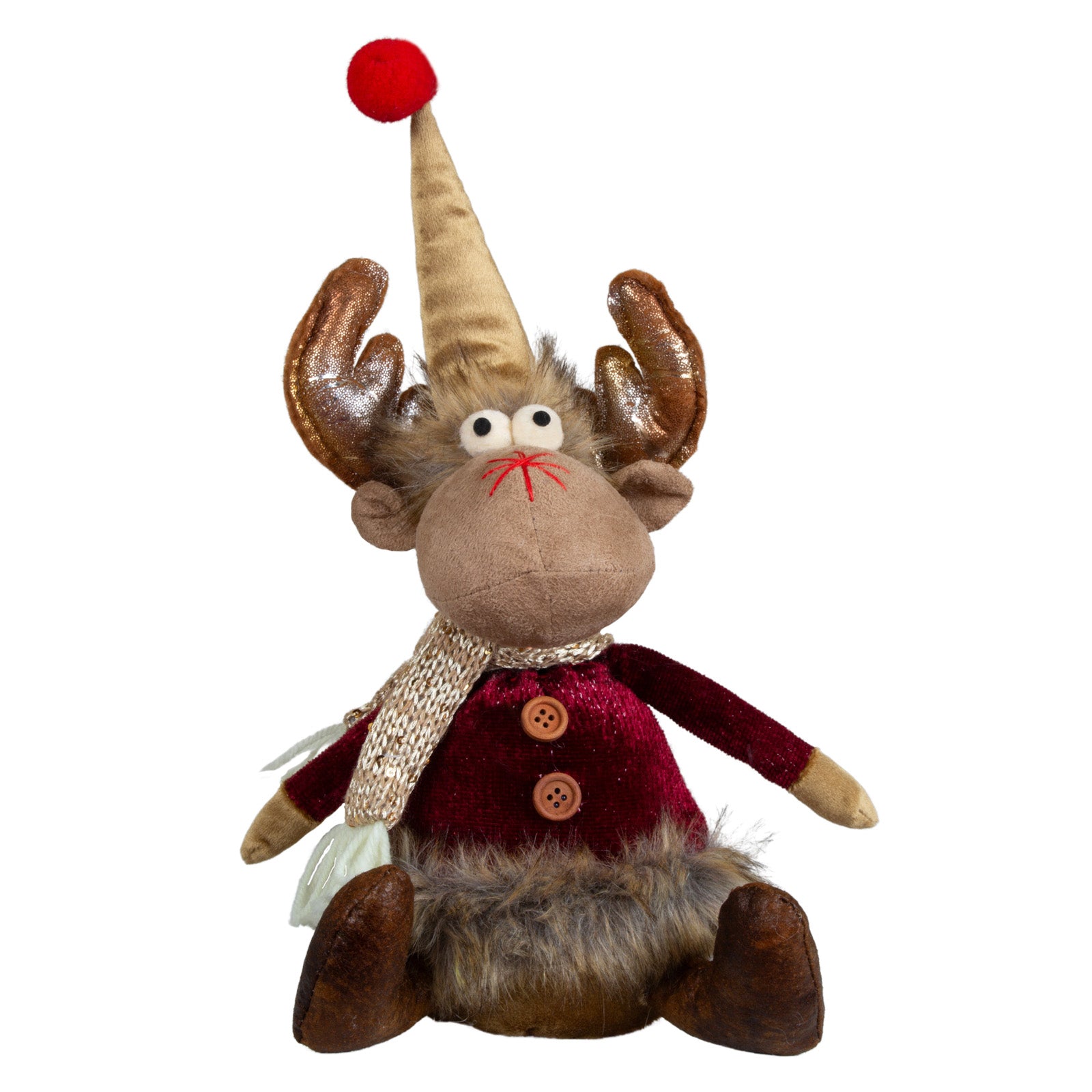 Deko-Elch sitzend mit Zipfelmütze & Glitzer-Geweih 24cm