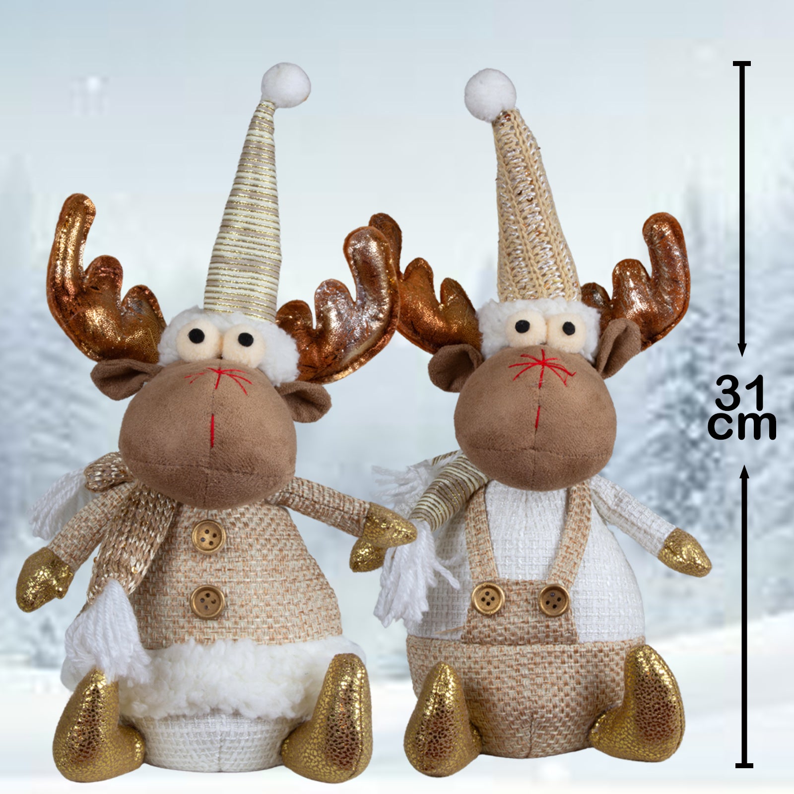 Elch Deko Set 2 Designs sitzend 25cm (31cm) mit goldenen Akzenten, Mütze & Schal