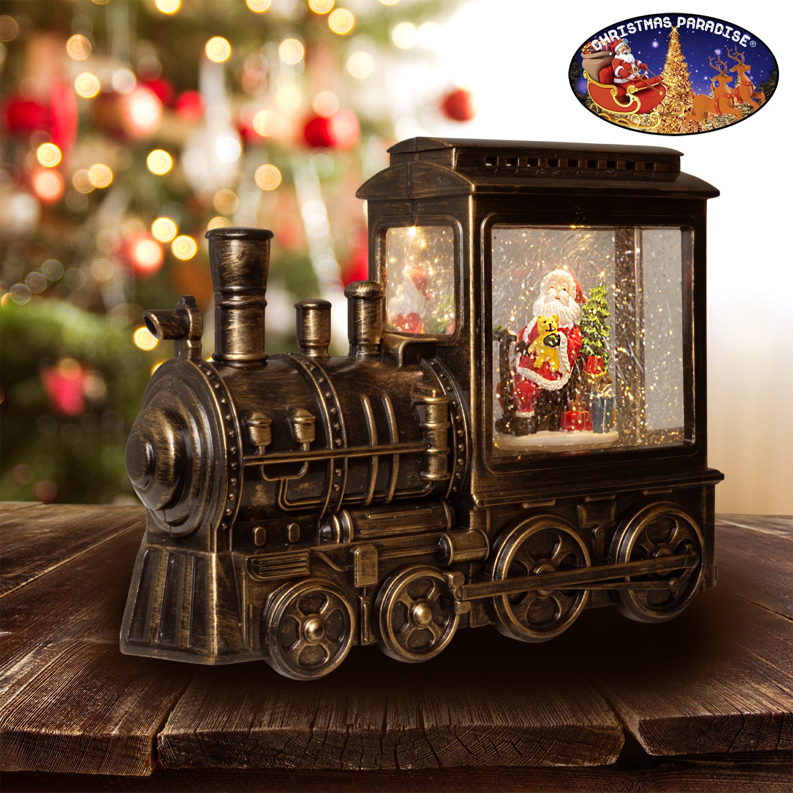 LED Schneelaterne Lokomotive 23 cm mit Schneeflocken & Licht Batteriebetrieb