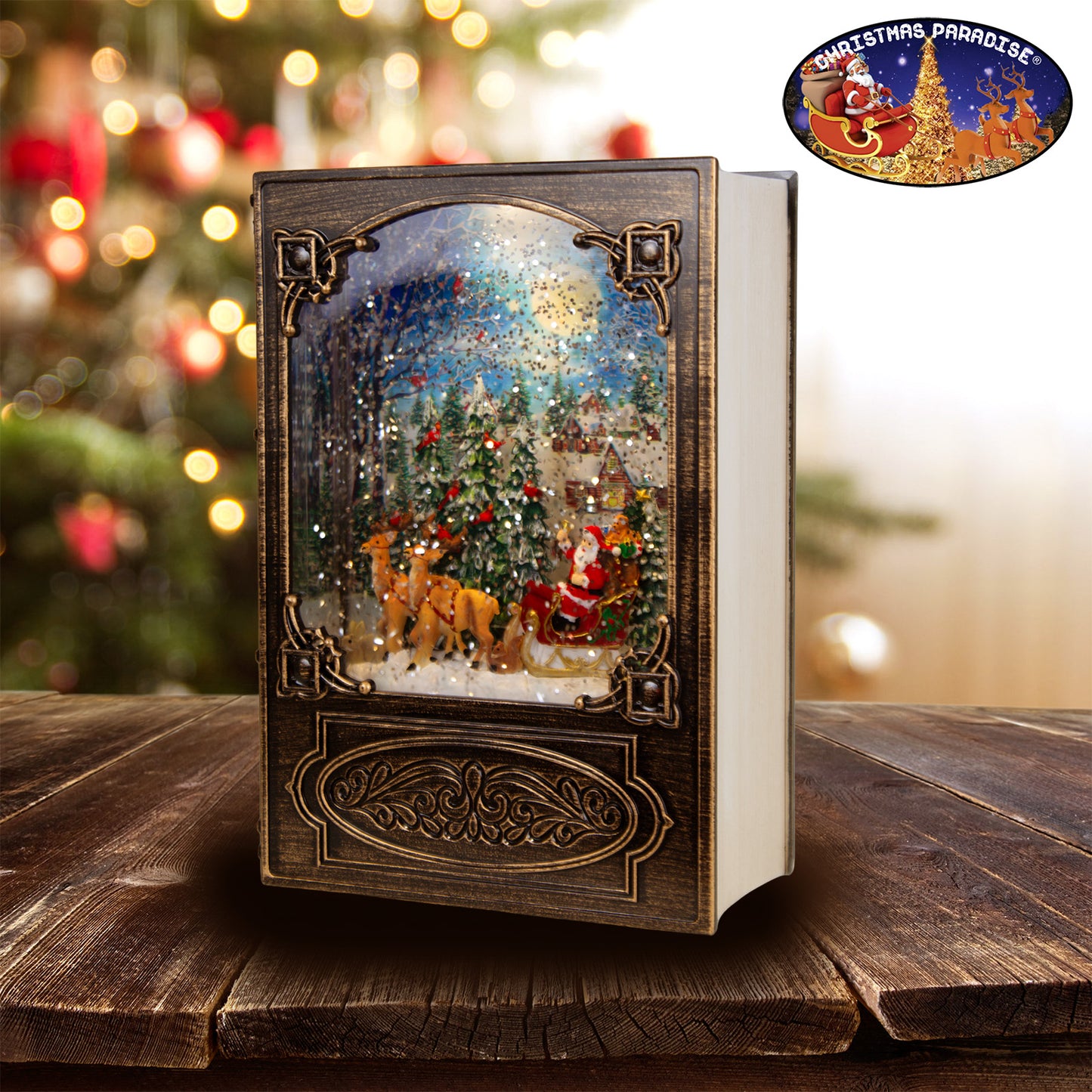 LED-Schneelaterne Buch 20 cm mit Schneeflocken & Licht Batteriebetrieb
