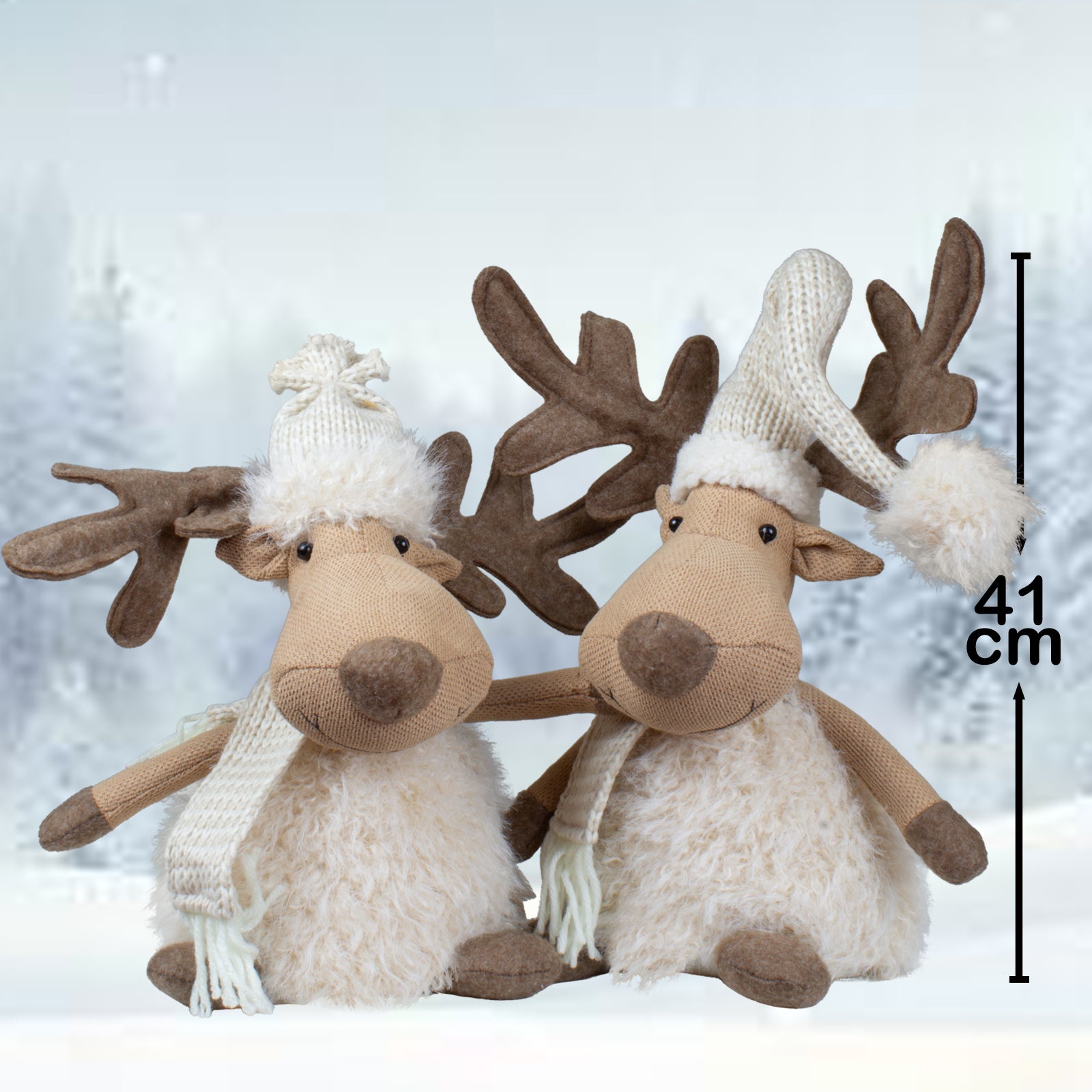 Elch sitzend 33cm (46cm) 2 Designs Flauschige Deko Stoffiguren 2 Stück