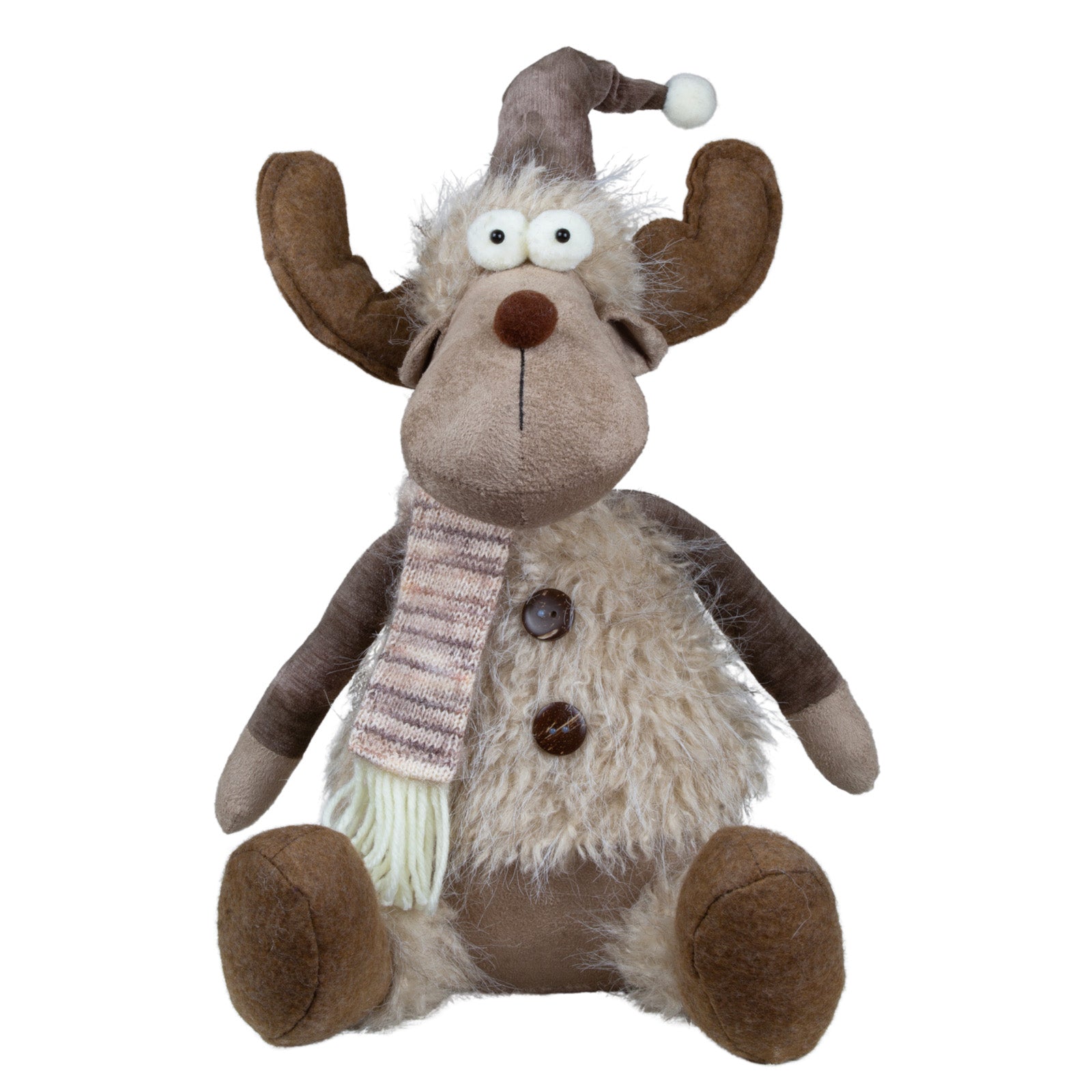 Elch sitzend 30cm Dekofigur mit flauschiger Jacke und Mütze braun