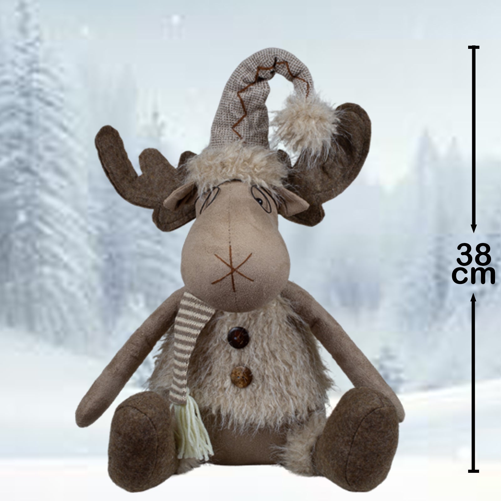 Elch sitzend 38cm Dekofigur mit Brille & Bommelmütze braun