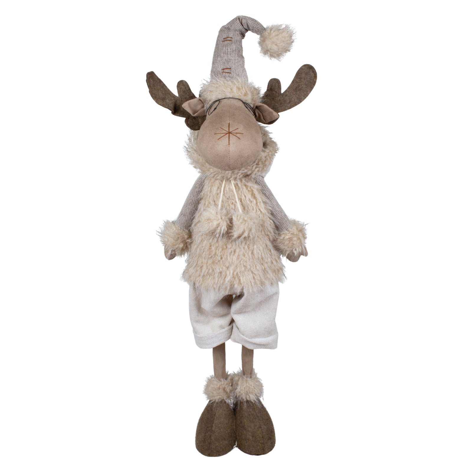 Elch stehend 75cm Dekofigur mit Brille & Mütze beige