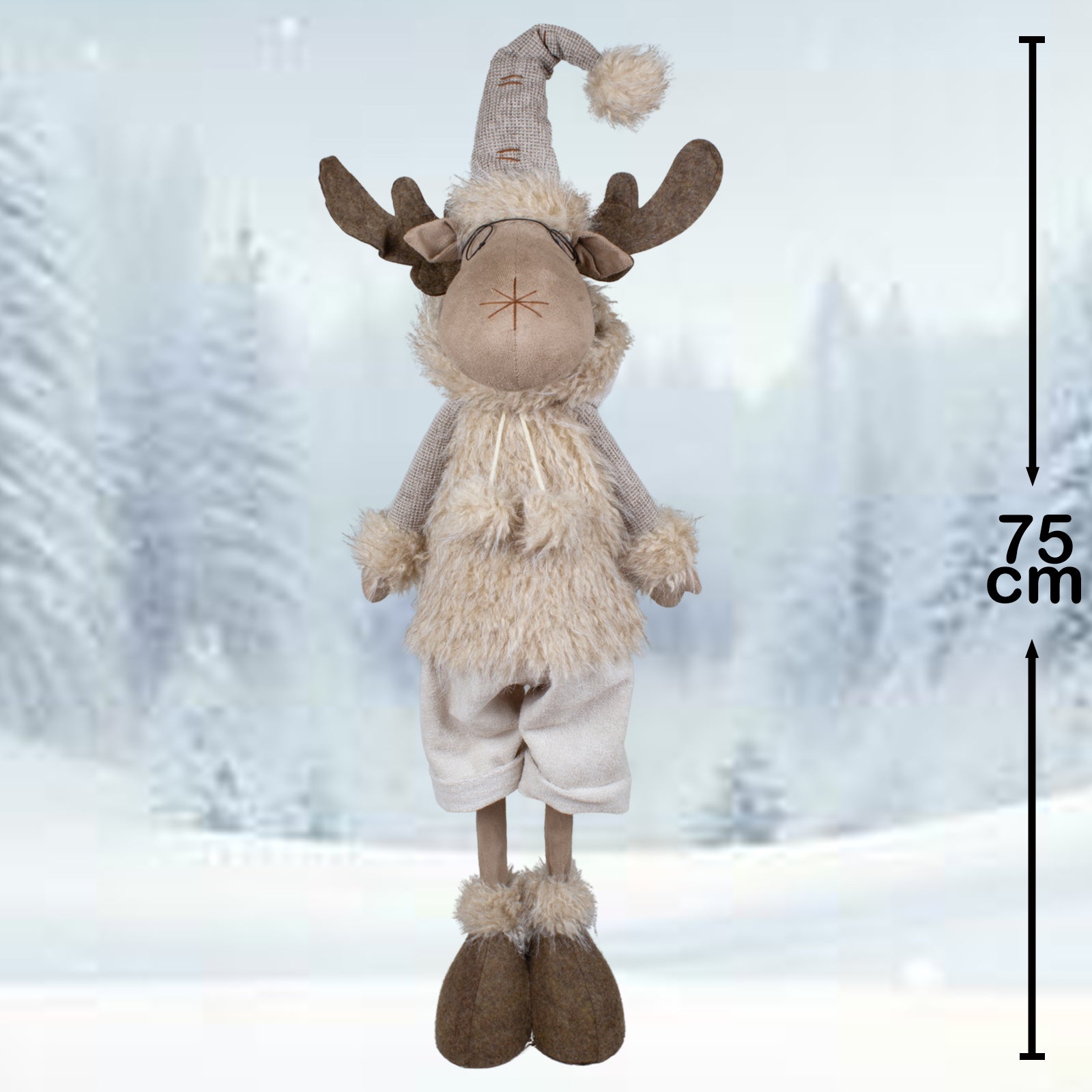 Elch stehend 75cm Dekofigur mit Brille & Mütze beige