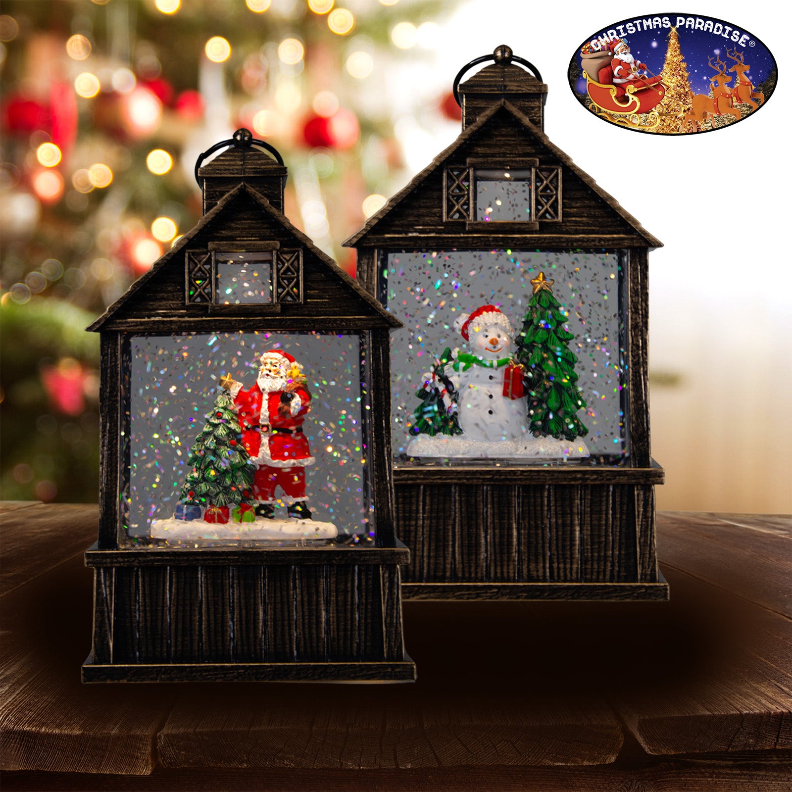 LED Schneelaterne Weihnachtsmann und Schneemann 17cm 2 Designs + Musik