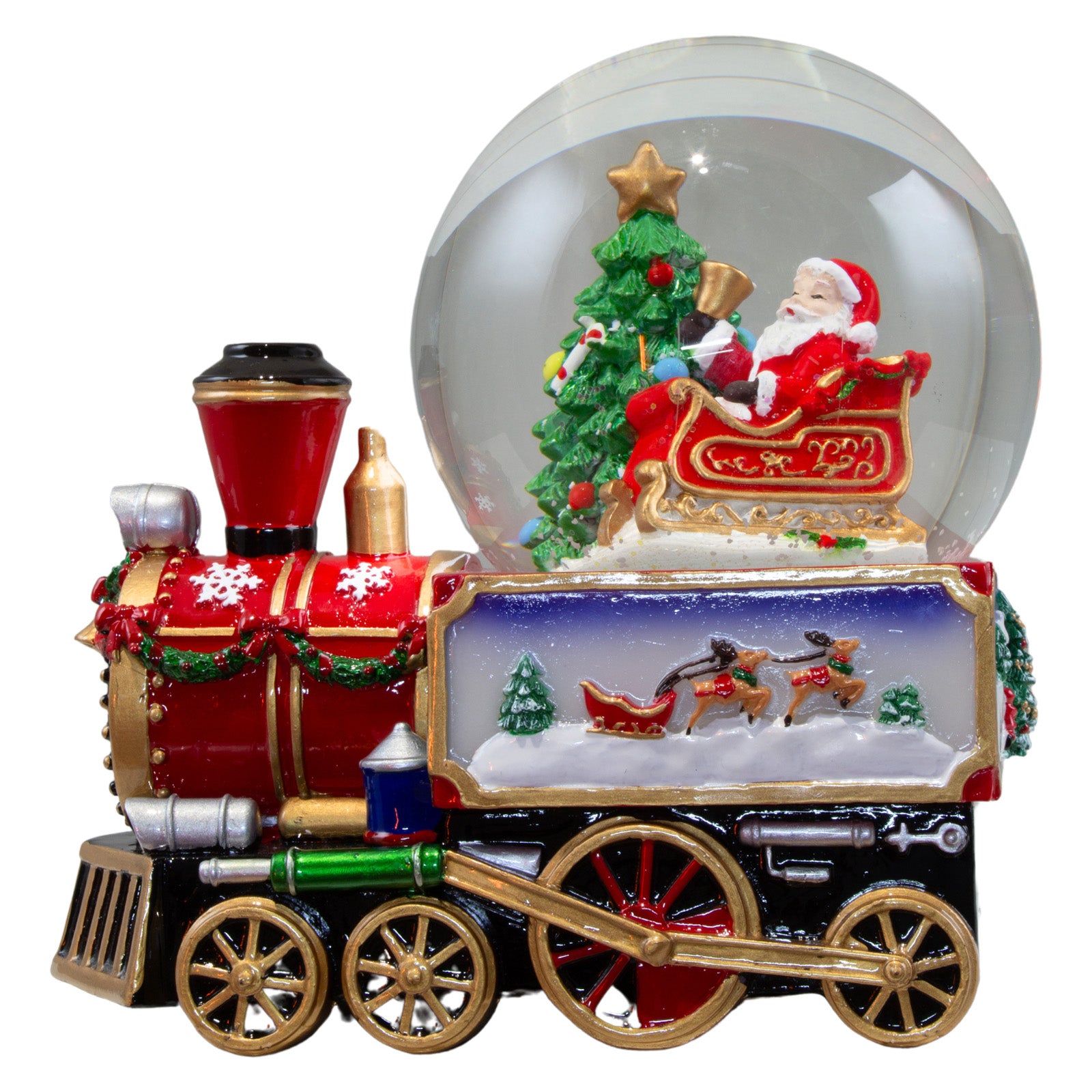 Schneekugel mit Spieluhr 16cm Weihnachtsmann im Zug