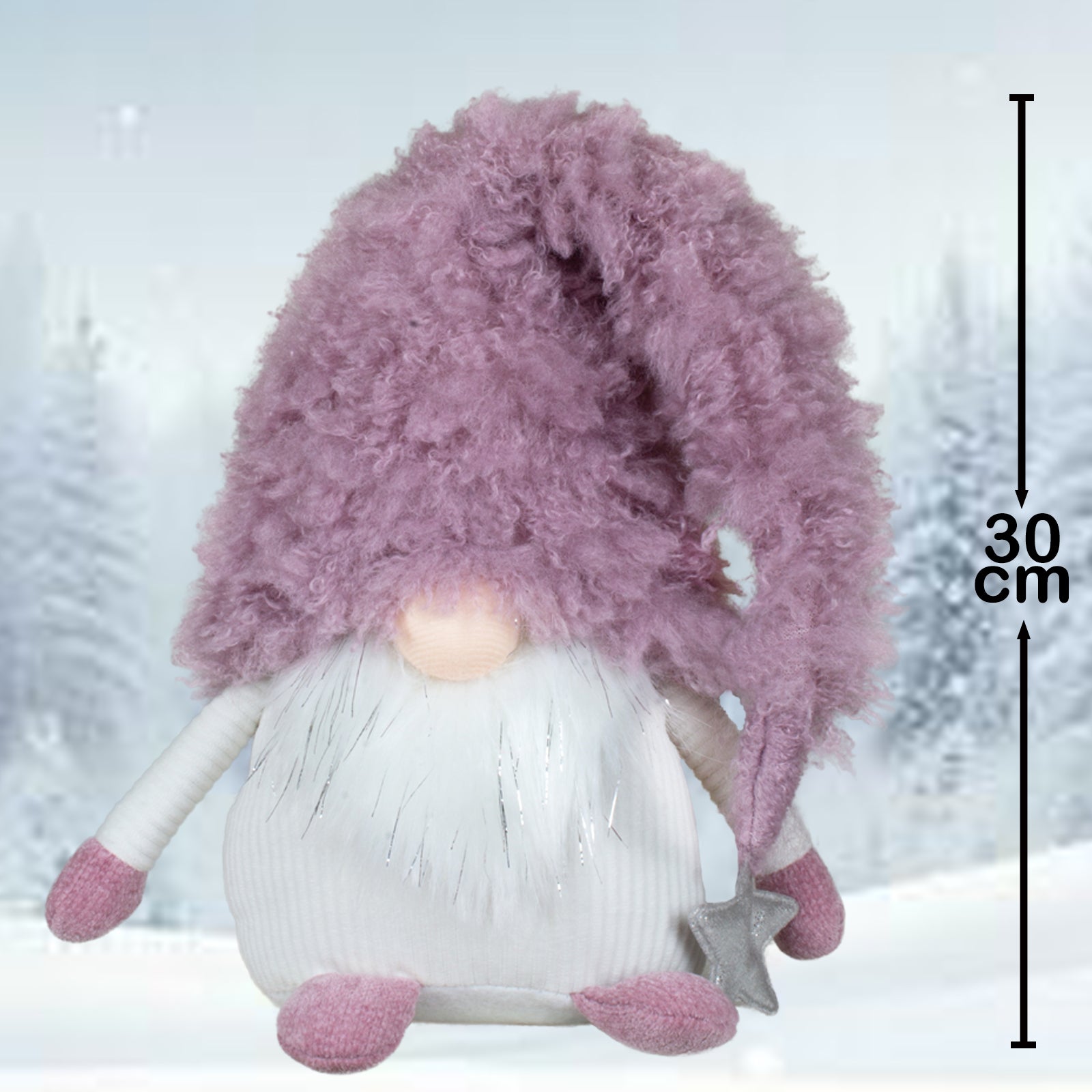 Wichtel sitzend 30cm kuscheliger Deko Gnom mit rosa Mütze & silbernem Stern