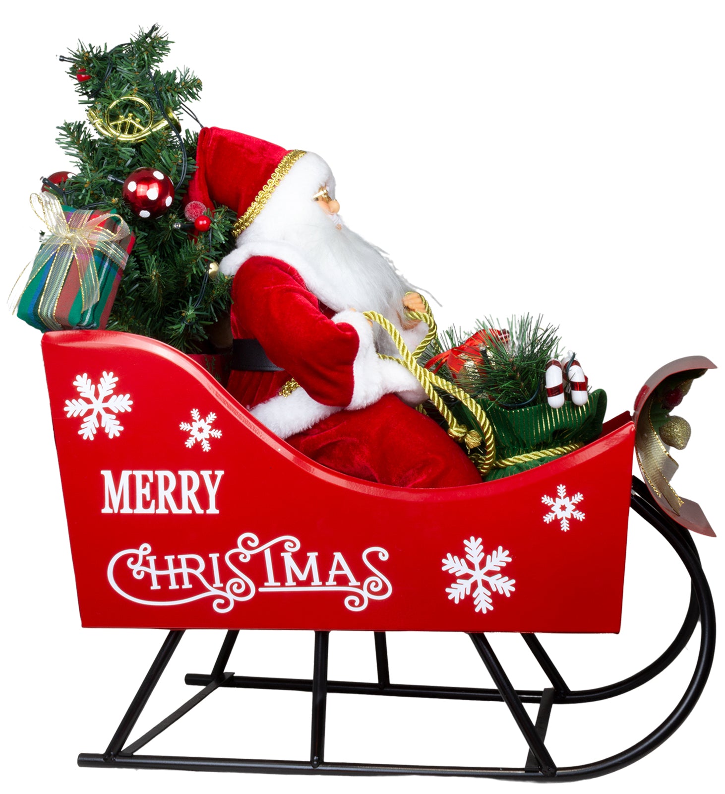 LED Weihnachtsmann im Schlitten 45cm Dekofigur Merry Christmas mit Geschenken & Teddy