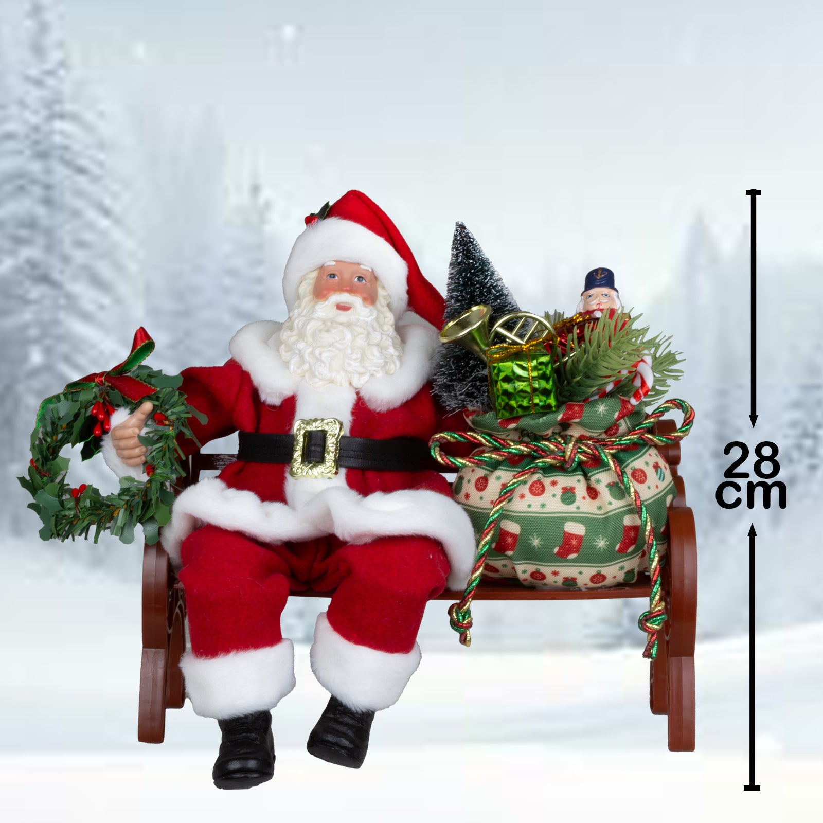 Weihnachtsmann Figur auf Bank mit Geschenksack & Kranz 28 cm