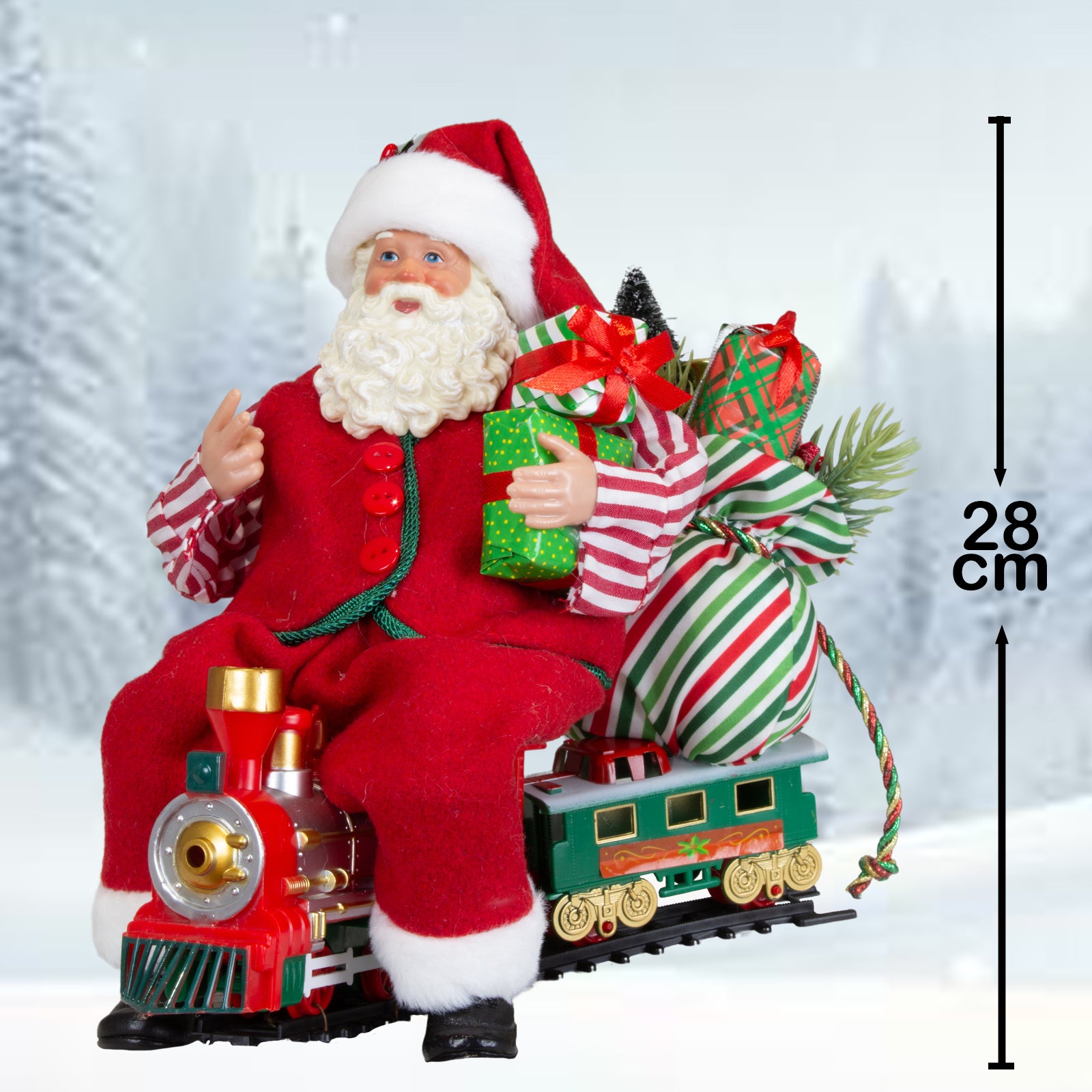 Weihnachtsmann Figur auf Lokomotive 28 cm Santa mit Geschenken & Zug