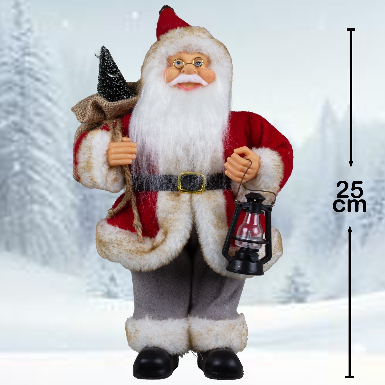 Weihnachtsmann stehend 25cm Santa Claus Dekofigur mit Laterne und Jutesack