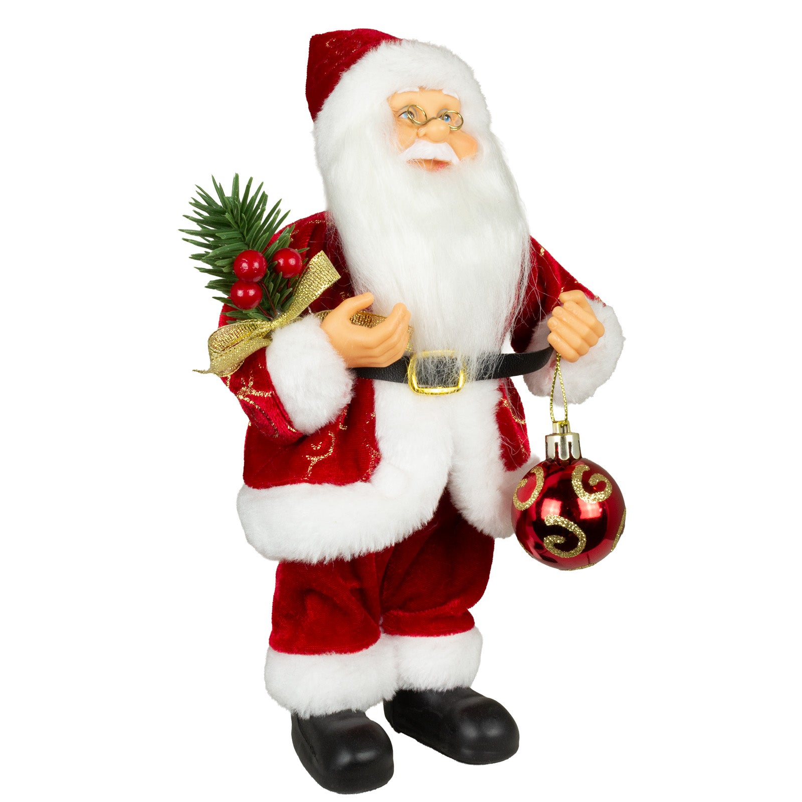 Weihnachtsmann stehend 25cm, Santa Claus Dekofigur rot mit Kugel und Tannenzweigen