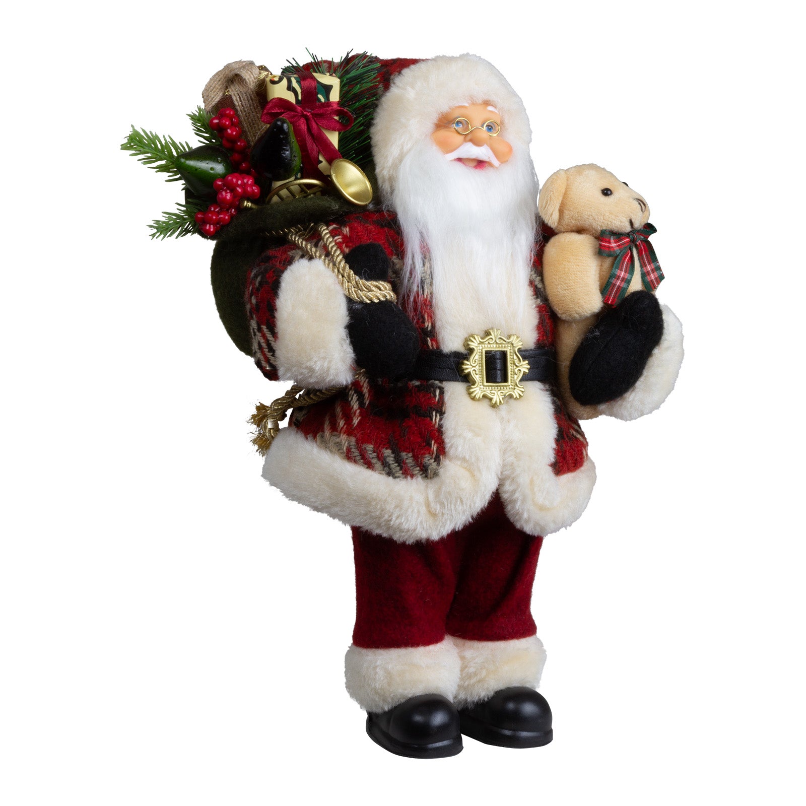 Weihnachtsmann 30cm Santa mit Kurzem Mantel in Karomuster und Teddybär