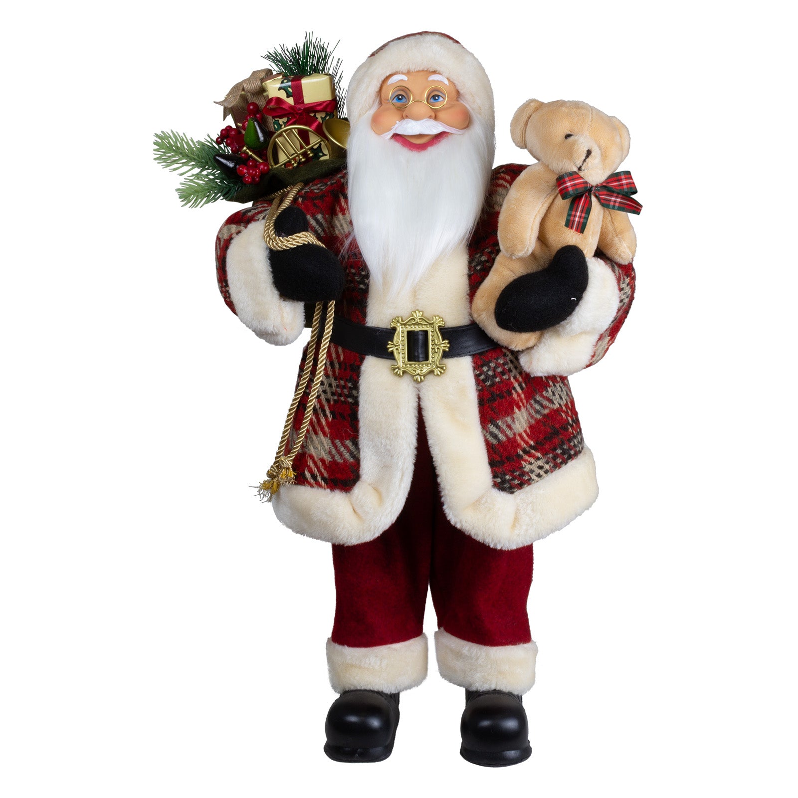 Weihnachtsmann 60cm Santa mit Kurzem Mantel in Karomuster und Teddybär