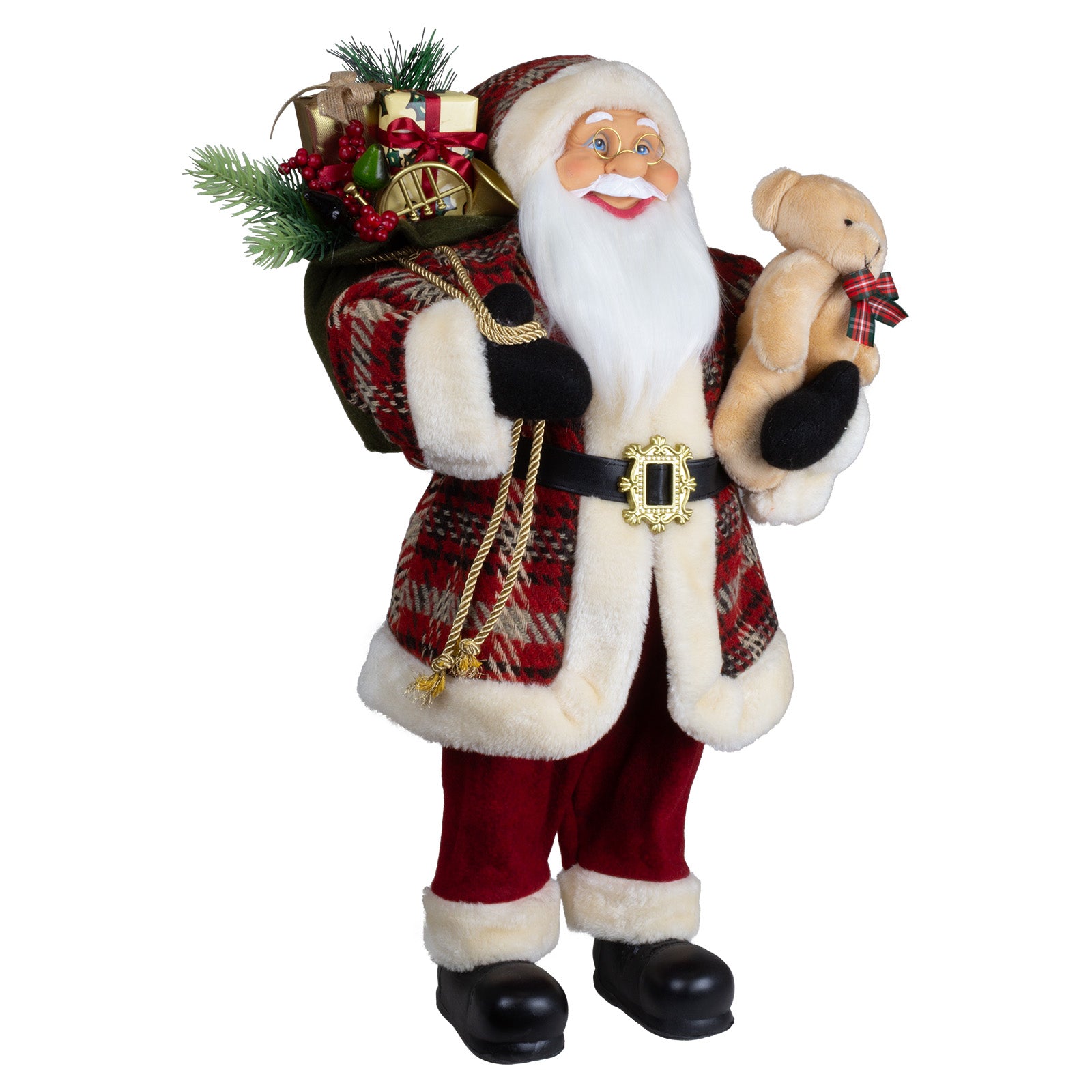 Weihnachtsmann 60cm Santa mit Kurzem Mantel in Karomuster und Teddybär