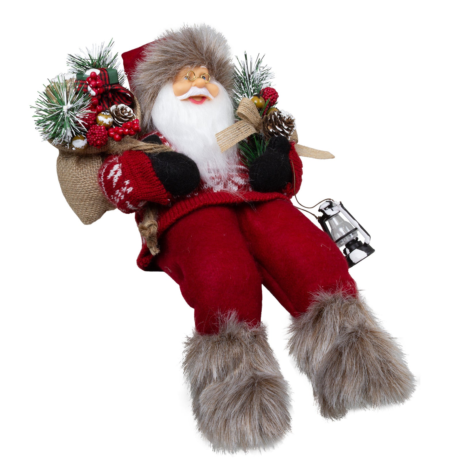 Weihnachtsmann 30 cm mit Laterne, Stiefel mit Fellbesatz, Jutesack und Winterzweigen Kantenhocker
