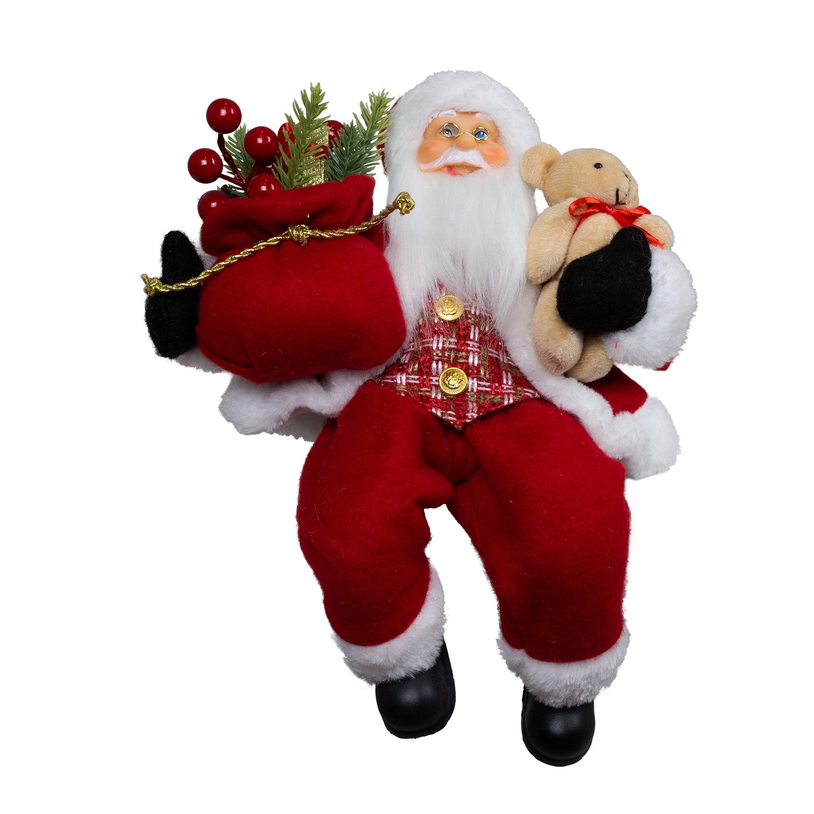 Weihnachtsmann 30cm Santa mit rotem Mantel und Teddybär Kantenhocker