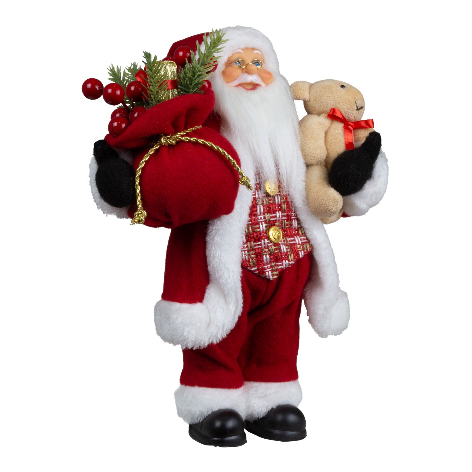 Weihnachtsmann 30cm Santa stehend mit Langem Mantel und Teddybär