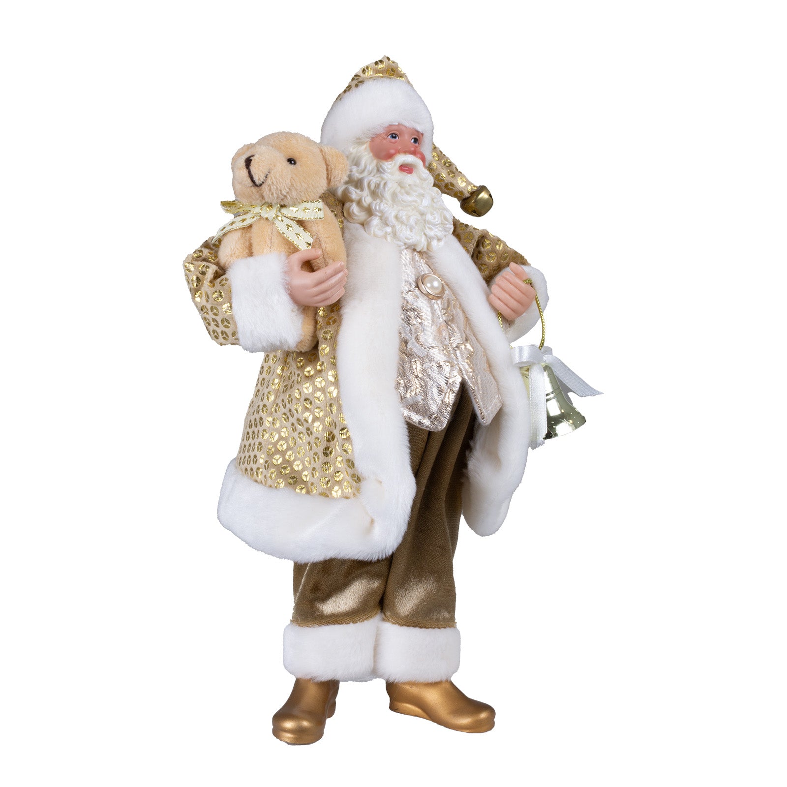 Weihnachtsmann stehend 28cm Santa Claus Dekofigur in gold mit Teddybär & Glöckchen