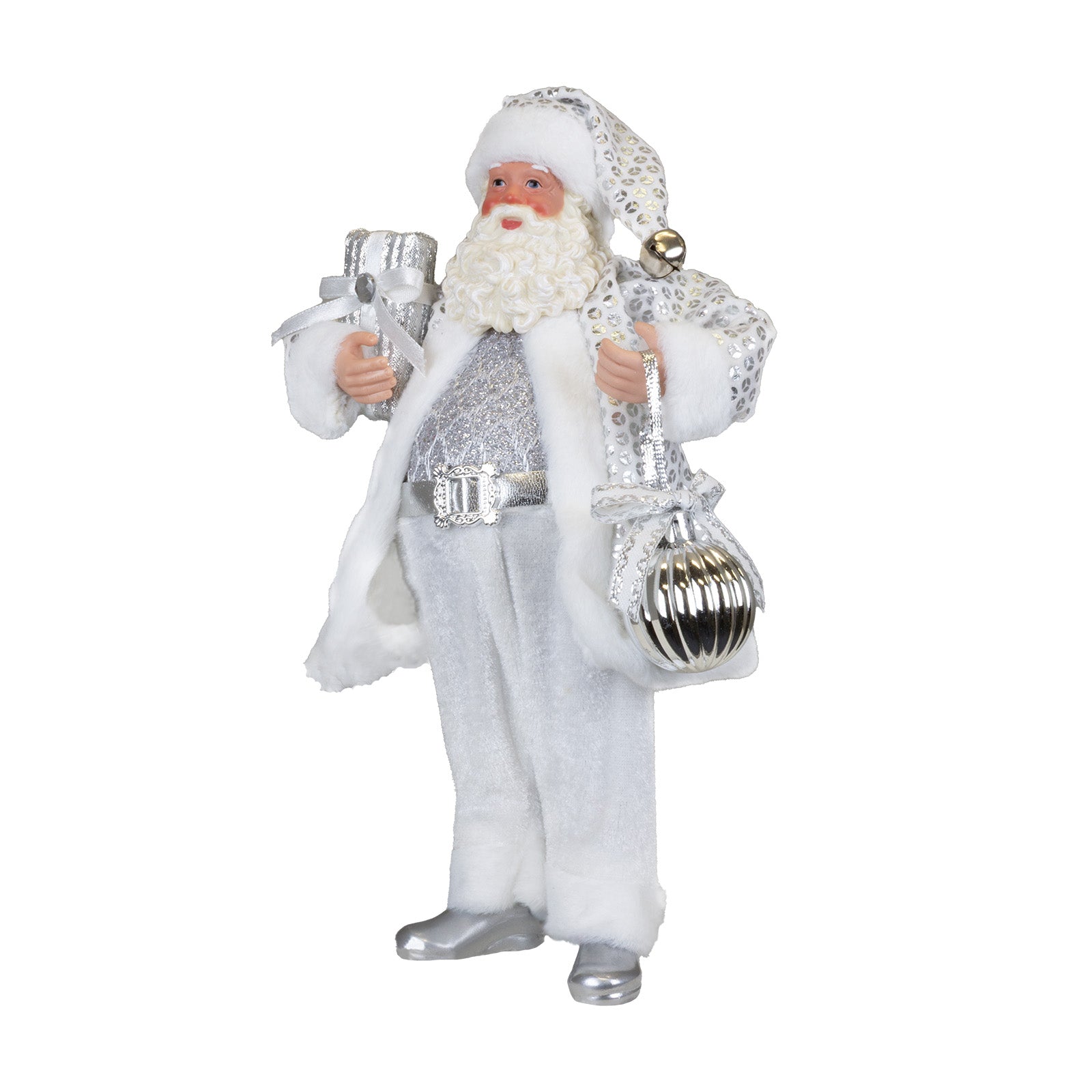 Weihnachtsmann 28cm stehend Santa Claus Dekofigur in Silber mit Geschenk & Kugel