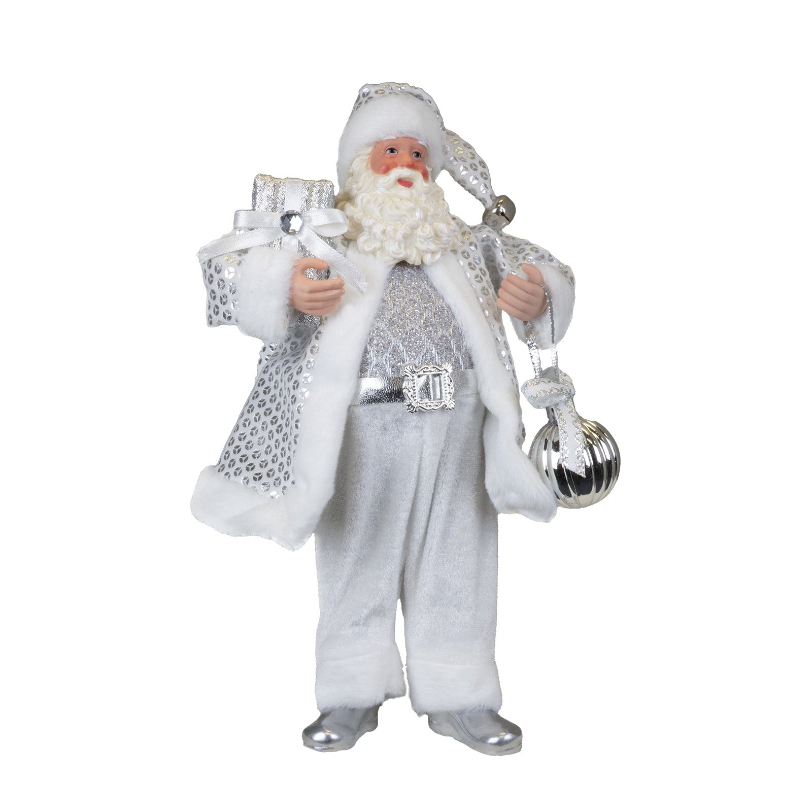 Weihnachtsmann 28cm stehend Santa Claus Dekofigur in Silber mit Geschenk & Kugel