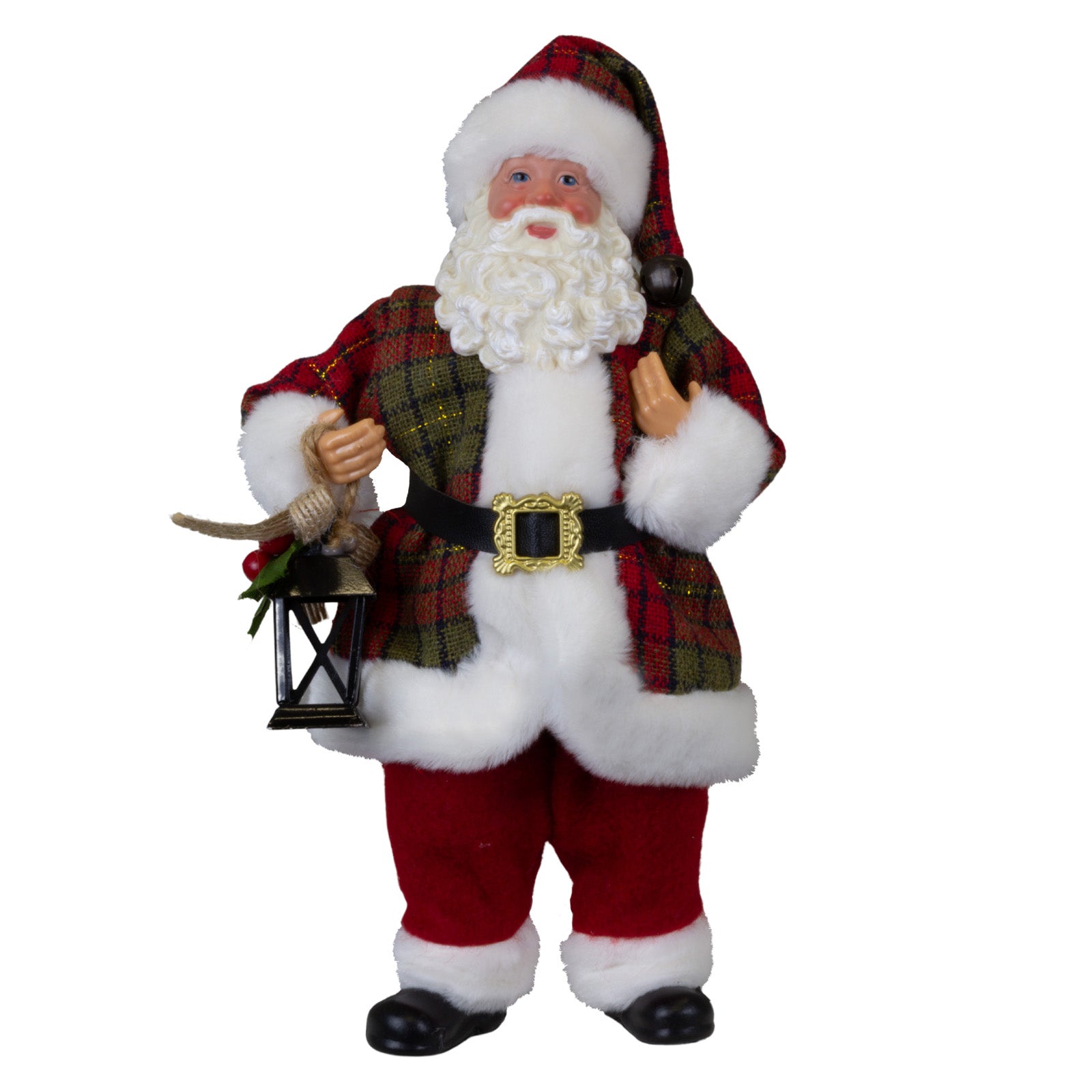Weihnachtsmann Figur 23 cm Santa Claus stehend mit Laterne und kariertem Mantel