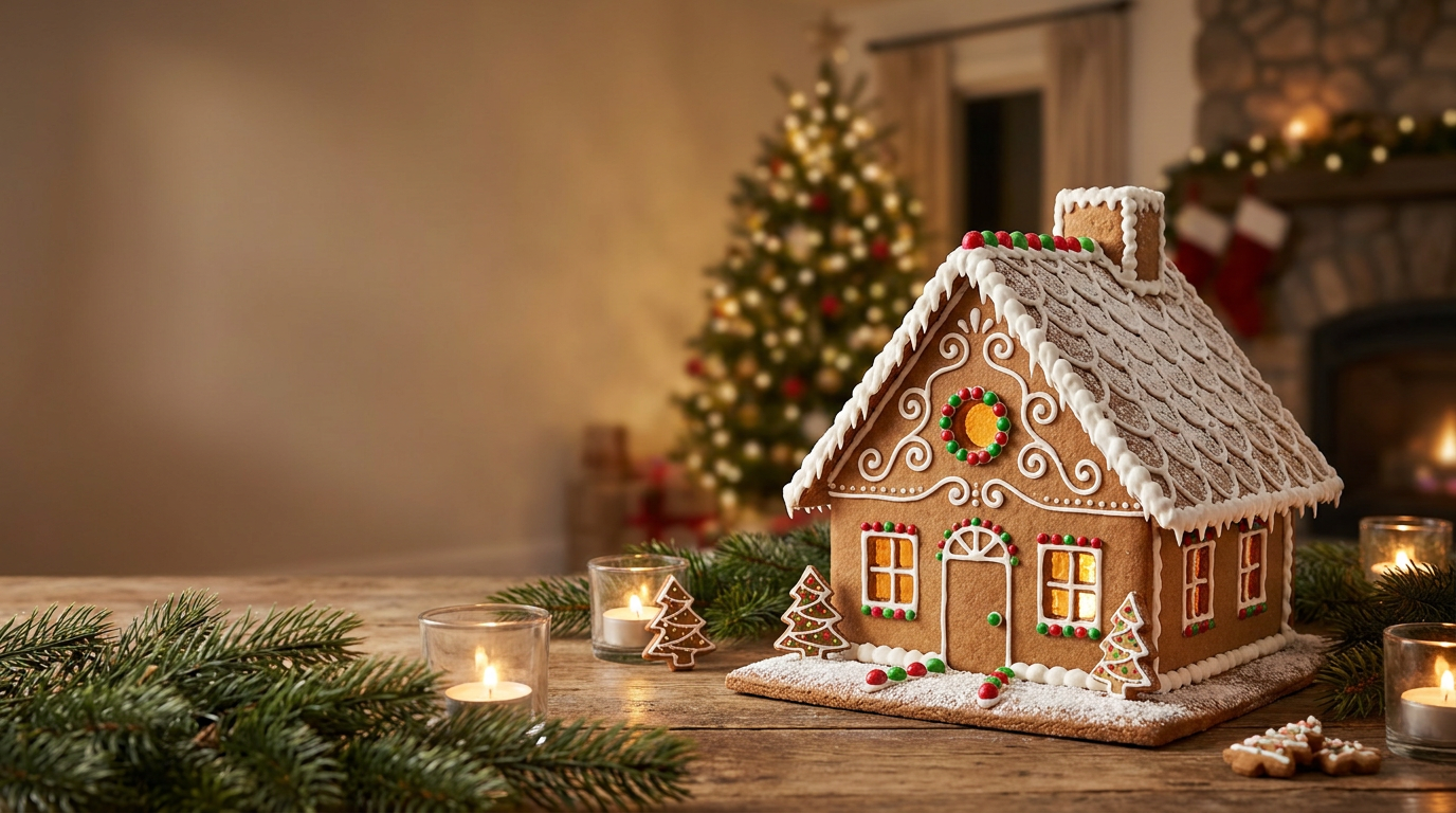 Festliches Lebkuchenhaus mit Zuckerguss, Süßigkeiten und warm beleuchteten Fenstern auf einem weihnachtlich dekorierten Tisch.