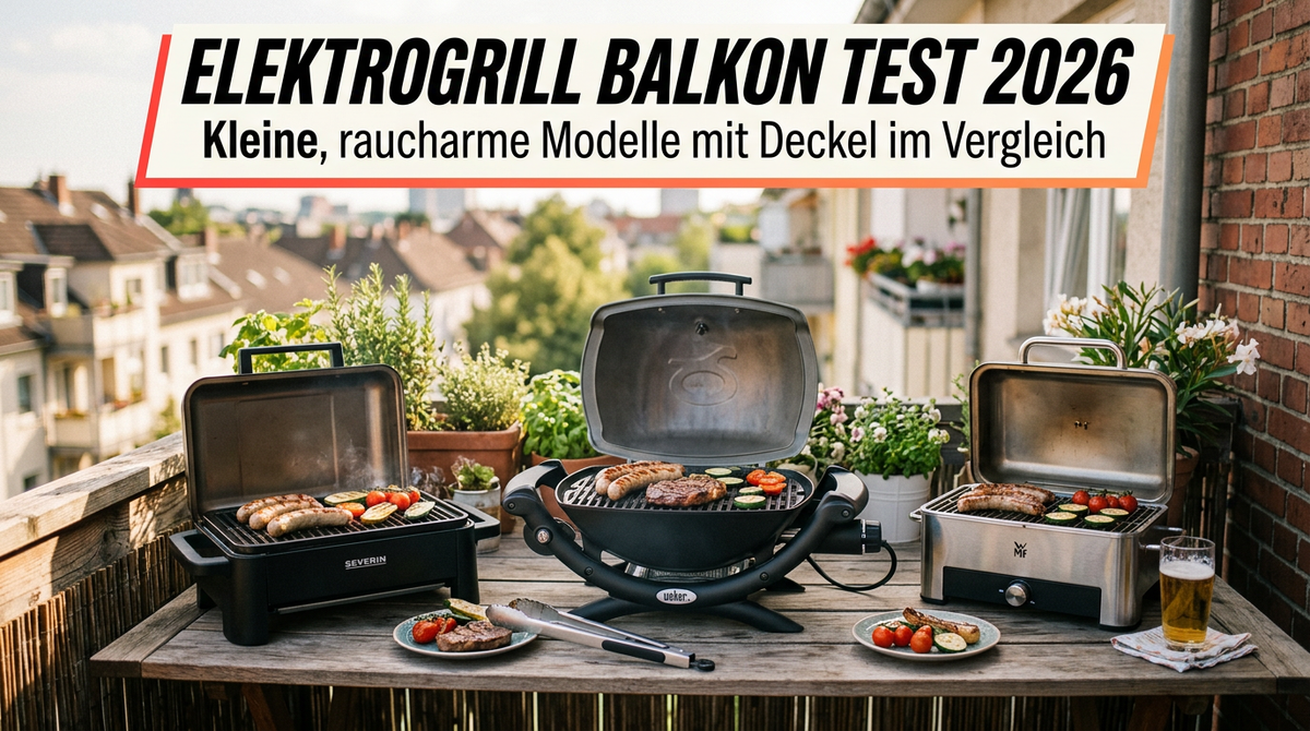 Kompakter Elektrogrill mit geschlossenem Deckel auf einem Balkontisch, im Hintergrund Stadtwohnungen an einem Sommerabend