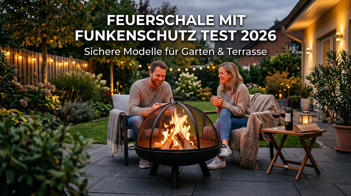 Feuerschale mit Funkenschutzgitter auf einer Terrasse bei Abenddämmerung