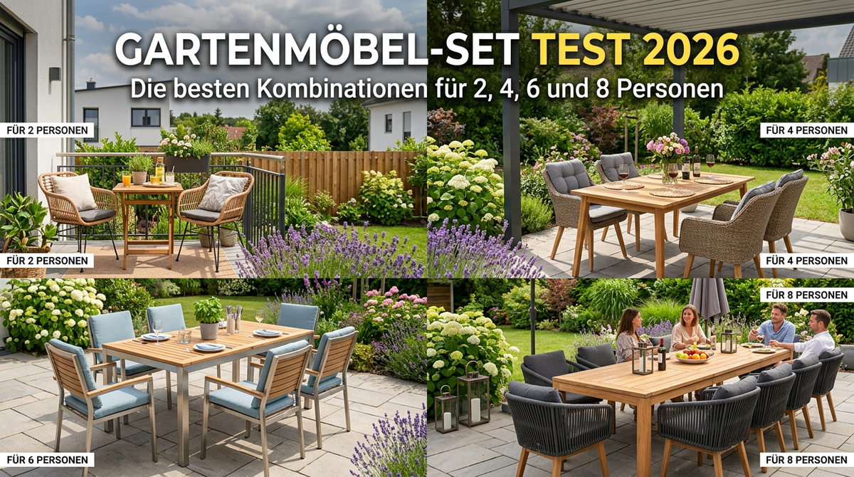 Vergleich verschiedener Gartenmöbel-Sets für 2, 4, 6 und 8 Personen auf Terrasse und Balkon