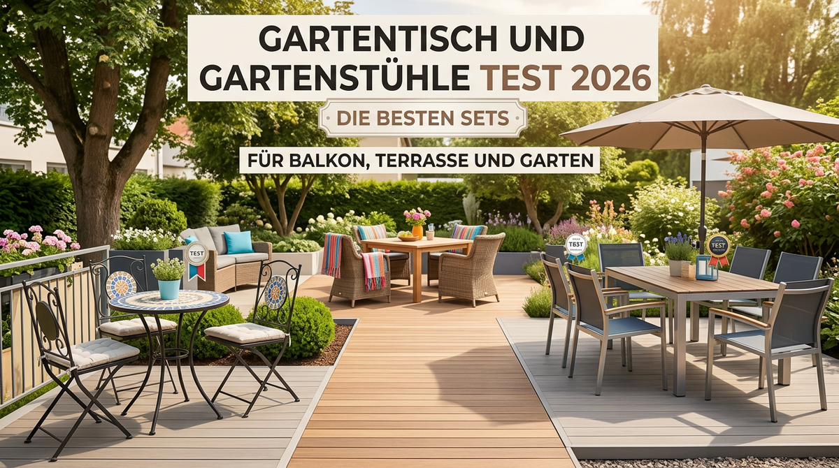 Gartentisch mit vier Gartenstühlen auf sonniger Terrasse – Beispiel für ein modernes Gartenmöbel-Set 2026