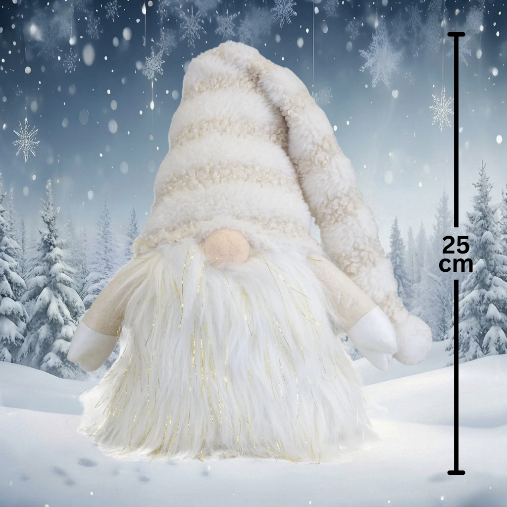 Weihnachtswichtel sitzend 25 cm – Flauschiger Wintergnom mit langer Zipfelmütze & großem Plüschbart