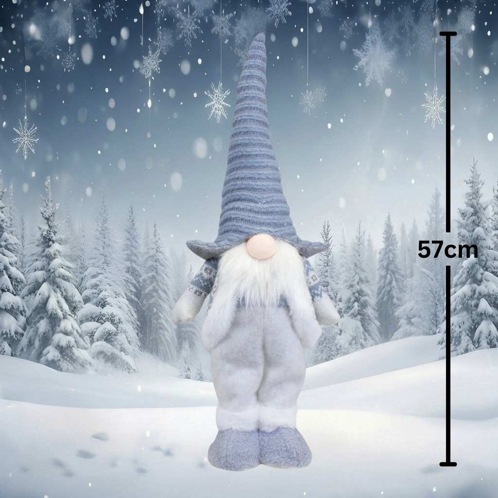 Weihnachtswichtel stehend (43cm)57cm – Blauer Stricklook mit langer Zipfelmütze, weißem Plüschbart & Glitzerschuhen