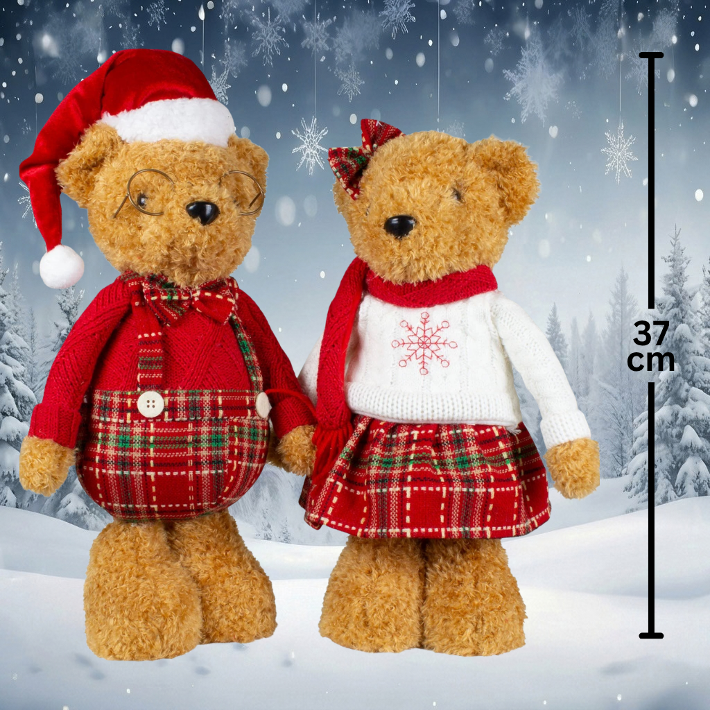 Christmas Bear Couple Standing with Festive Attire 36 cm, Set of 2