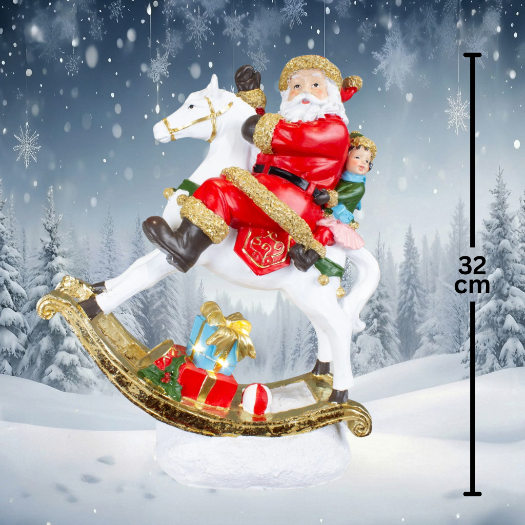 LED Tischdeko Weihnachtsmann auf Schaukelpferd 32cm